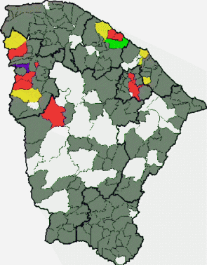 Mapa mostra municípios que registraram chuva entre as 7 horas dessa terça-feira e o mesmo horário desta quarta-feira