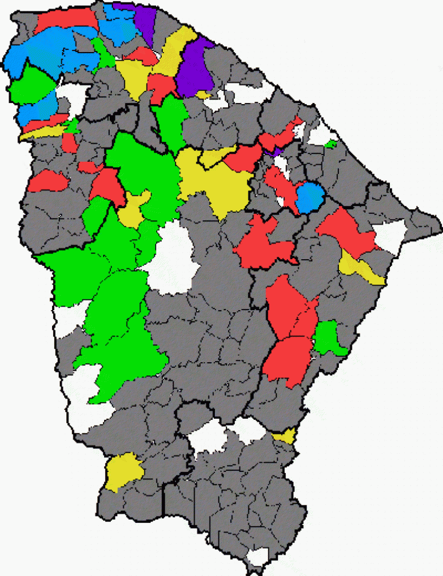 Mapa mostra os municípios que registraram chuva entre às 7 horas dessa quarta-feira e o mesmo horário desta quinta. Mapa mostra os municípios que registraram chuva entre às 7 horas dessa quarta-feira e o mesmo horário desta quinta.