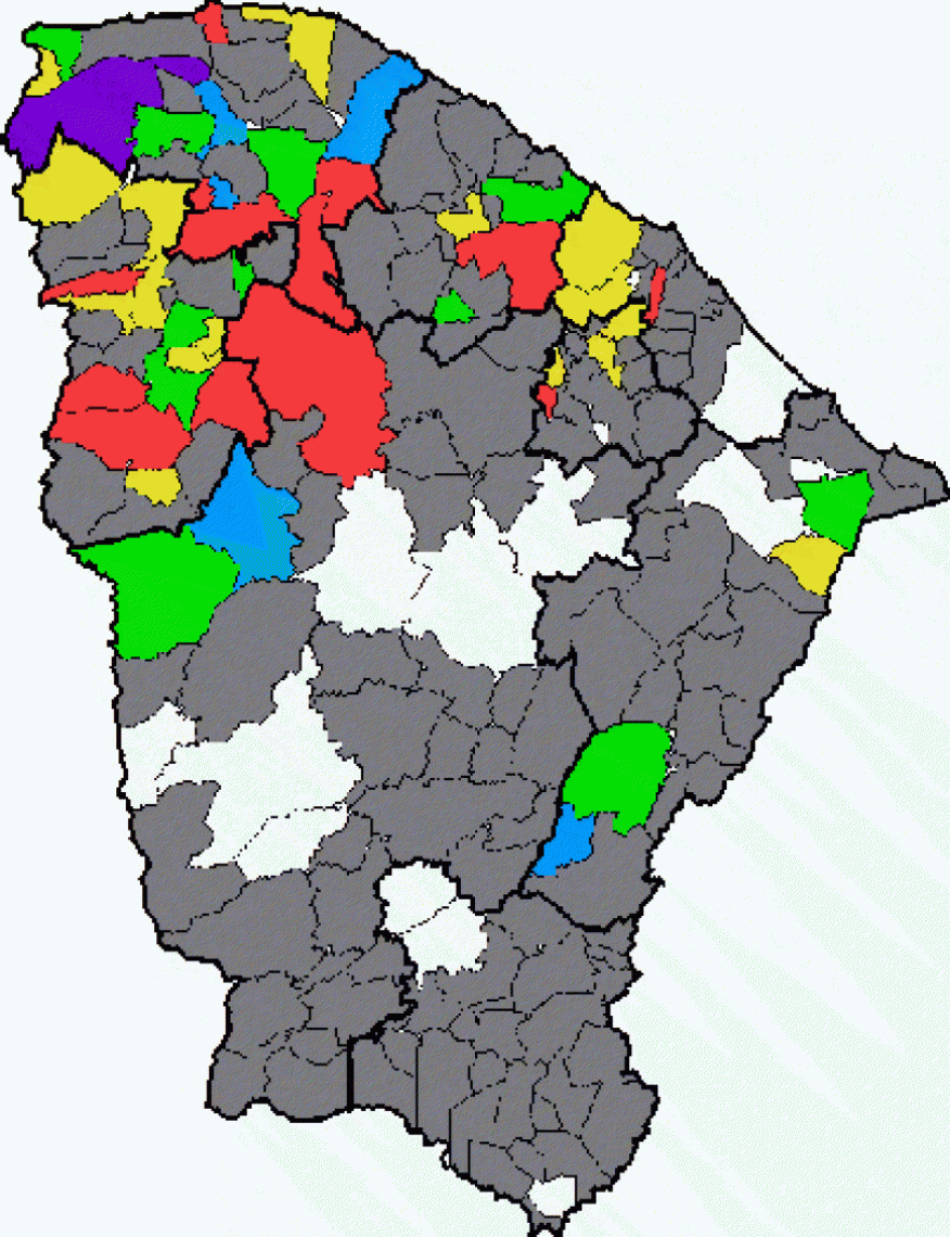 O mapa mostra os municípios que registram chuva entre as 7 horas dessa quarta-feira e o mesmo horário desta quinta-feira O mapa mostra os municípios que registram chuva entre as 7 horas dessa quarta-feira e o mesmo horário desta quinta-feira