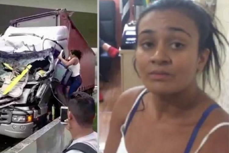 Leiliane Rafael da Silva, no momento em que tenta salvar a vida do motorista do caminhão. (Foto: Reprodução Youtube) (foto: (Foto: Reprodução Youtube) )