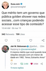 Xuxa teria criticado vídeo postado por Jair Bolsonaro no Twitter, em que homens fazem "golden shower".