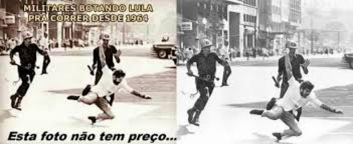 À esquerda, a foto manipulada, onde o ex-presidente Lula aparece apanhando de policiais. À direita, a foto original, de Evandro Teixeira, em que estudante de medicina é agredido por policiais em ato contra ditadura