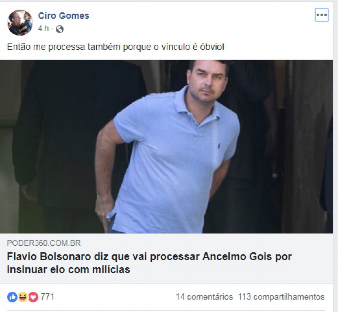 Ciro comentou posição do filho do presidente Jair Bolsonaro