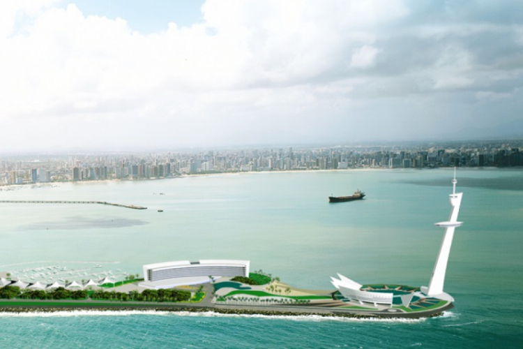 Projeto para orla previa restaurante no topo de uma torre. No complexo, haveria ainda parques, museus e aquários