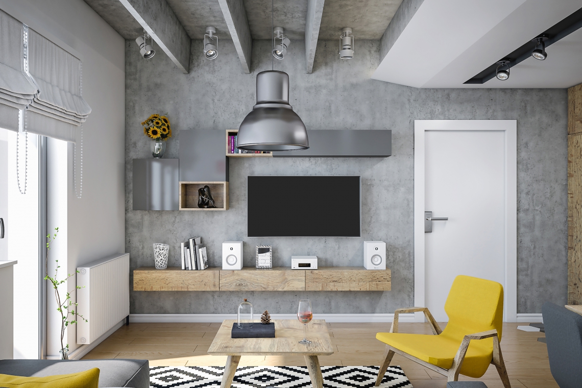 Render of a beautiful and modern living room for young family. Concrete and wood desing with yellow color furniture to enrich the room. (Foto: Getty Images/FluxFactory)