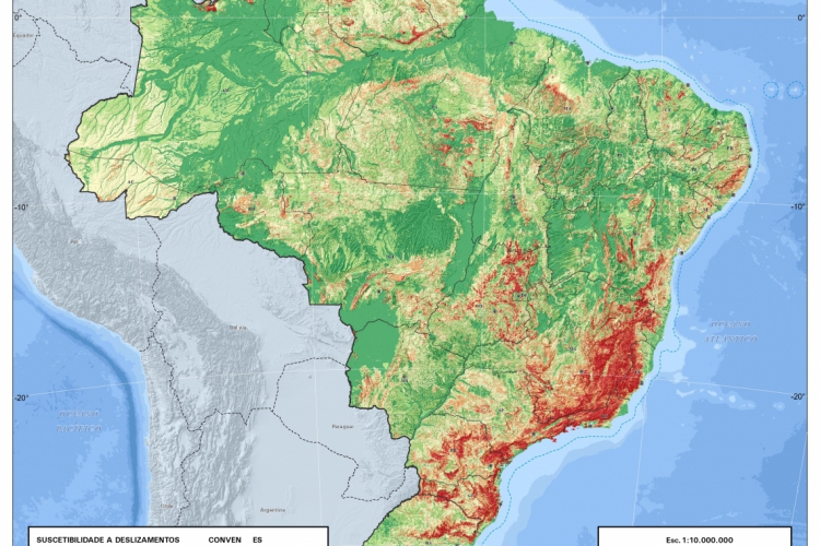 O mapa destaca as regiões do país e sua suscetibilidade a deslizamentos(foto: Reprodução/Mapa...