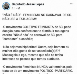 Deputado faz postagem contra movimento criado por Coletivo Feminista de Santa Catarina