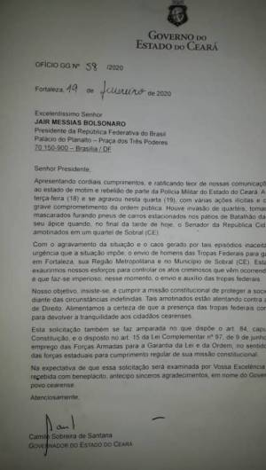Cópia do ofício em que o governador Camilo Santana formaliza o pedido para uso de tropas militares para Garantia da Lei e da Ordem (GLO)