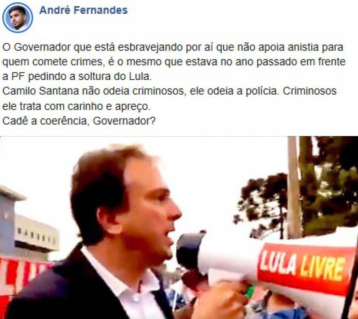 Post do deputado André Fernandes mira o governador Camilo Santana (Foto: REPRODUÇÃO)