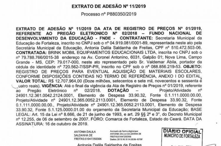 Extrato de adesão foi publicado no Diário Oficial do Município em outubro de 2019