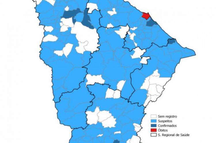 Mapa mostra a distribuição dos casos suspeitos, confirmados e óbitos por coronavírus no Ceará