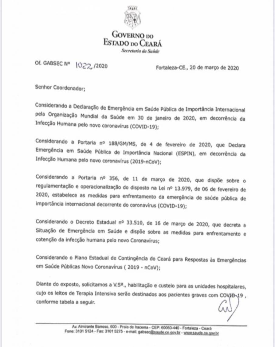 Secretaria da Saúde do Ceará enviou pedido à Brasília