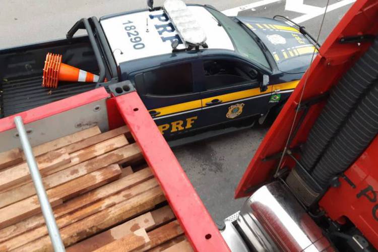 Veículo bitrem transportava madeira ilegal