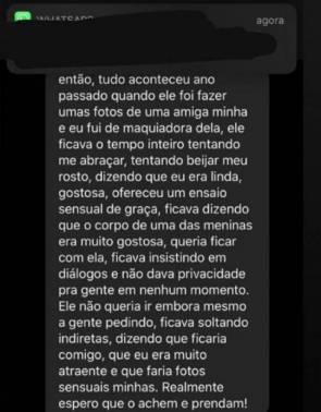 Conversas divulgadas em um perfil no Instagram relatam convites do acusado às vítimas sobre ensaios sensuais e fotos íntimas.