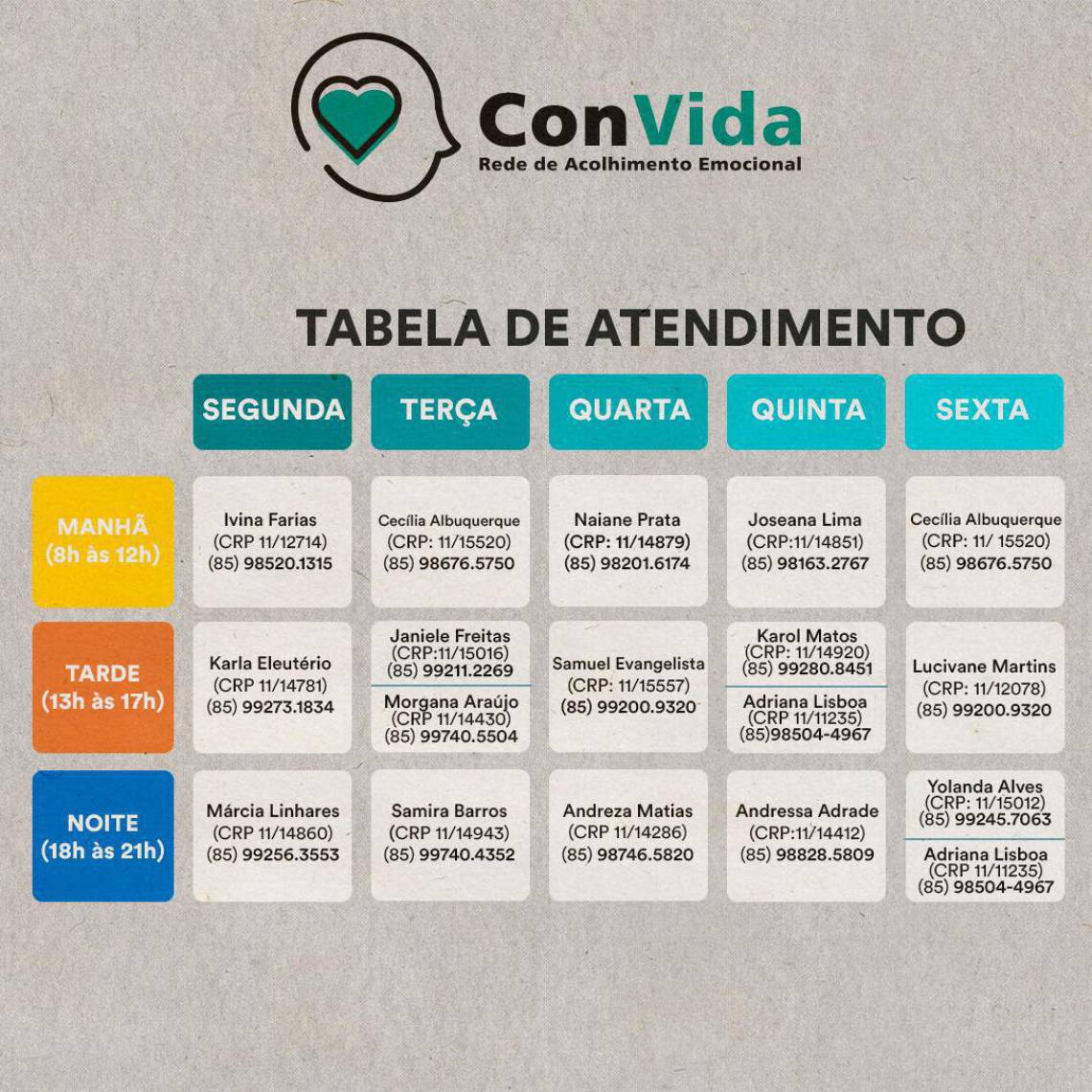 Confira a tabela de atendimentos da rede ConVida