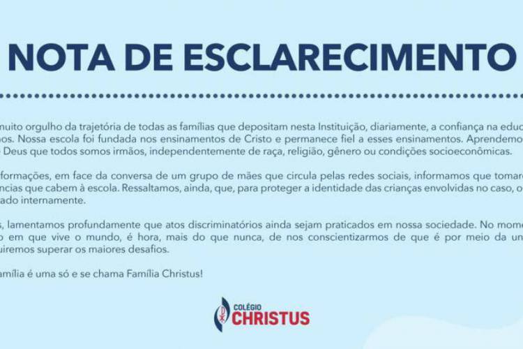 Nota do colégio Christus sobre a conversa no grupo de mães que circula no WhatsApp