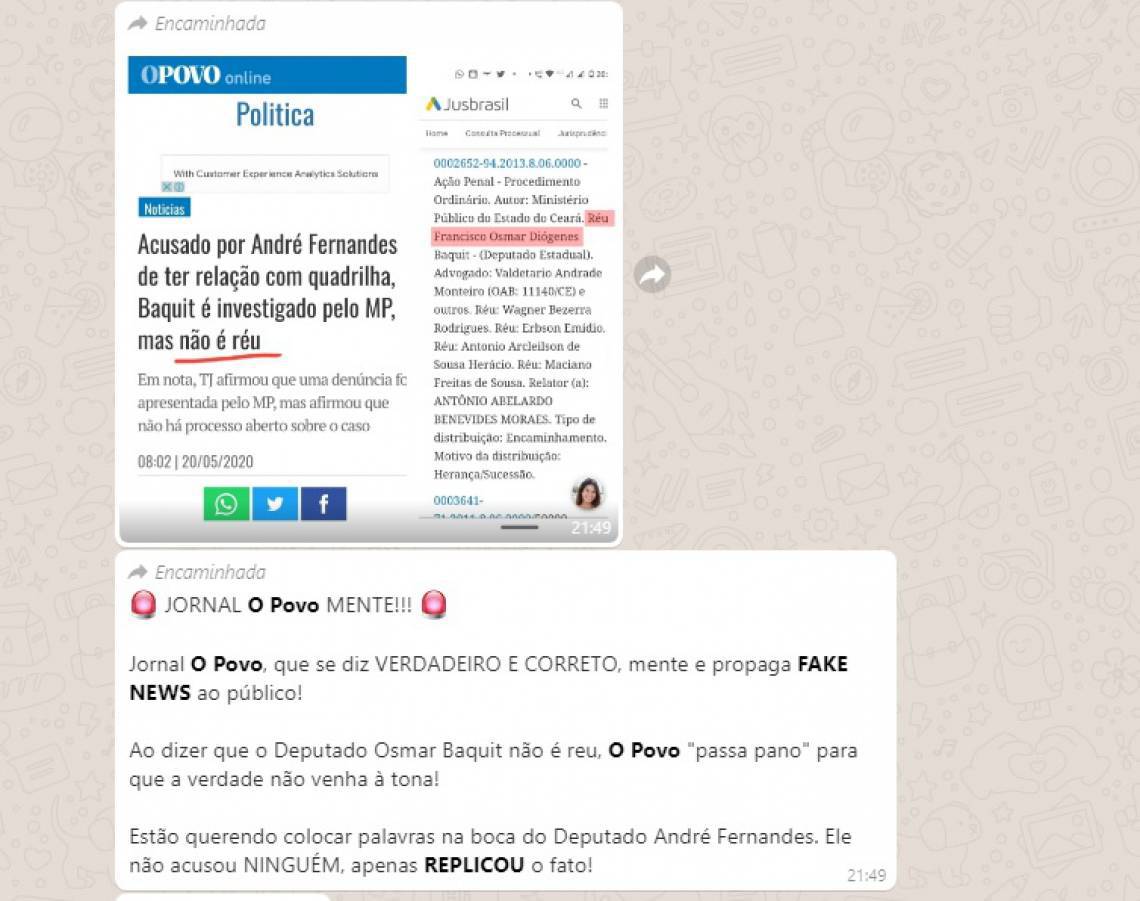 Mensagem compartilhada pela assessoria de André Fernandes