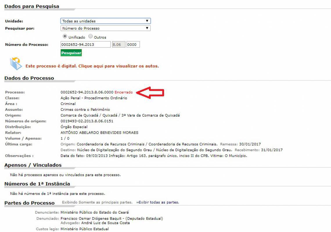 Sistema do Tribunal de Justiça do Ceará. O POVO incluiu seta sinalizando número e situação do processo