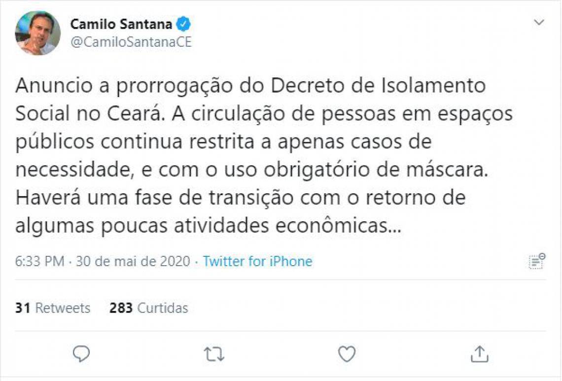 Camilo anuncia prorrogação do isolamento social com endurecimento de regras no Interior