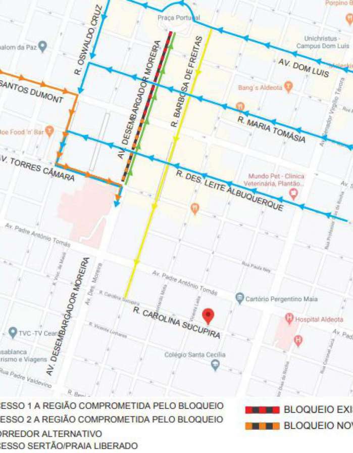Mapa do bloqueio de via da avenia Desembargador Moreira