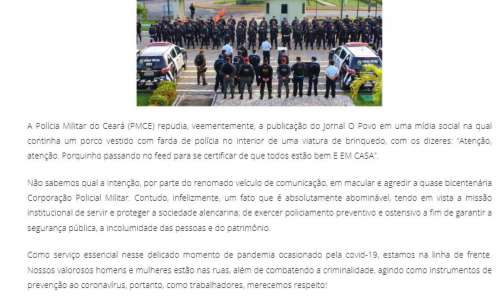 Polícia Militar do Ceará lançou nota de repúdio contra publicação do Fim do Expediente do O POVO neste último domingo, 12