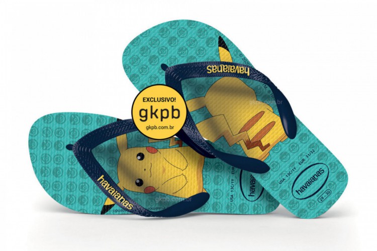 u Os pokémons Pikachu, Charmander, Bulbassauro e Squirtle estampam os calçados da nova coleção da marca de sandálias mais conhecida do Brasil