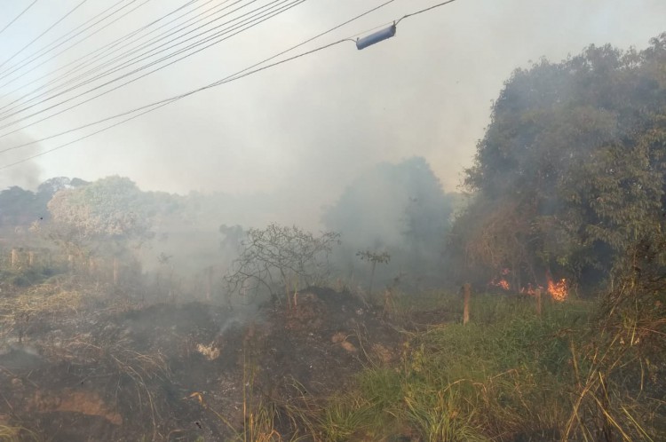 Chamas chegam próximas à fiação elétrica durante incêndio em Itaitinga
