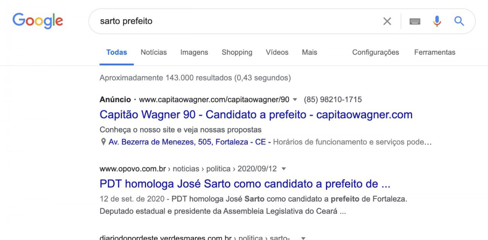 Consultas no Google com o nome do candidato do PDT terminam com uma publicidade paga de Capitão Wagner como primeiro resultado (Foto: Reprodução/Google)