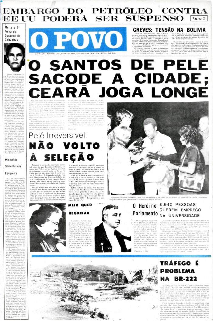 23 de janeiro de 1974 - Capa do O POVO garante que Pelé não volta a seleção(Foto: Acervo O POVO)