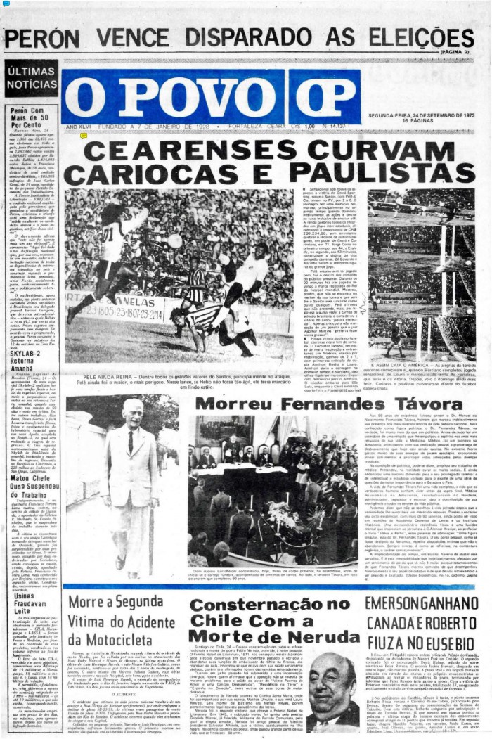 24 de setembro de 1973 - Capa do O POVO após a segunda vitória do Ceará sobre o Santos