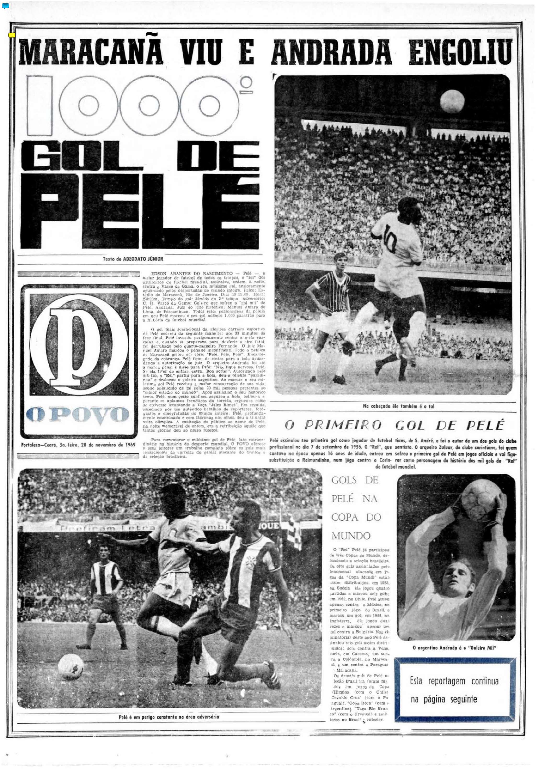 Pelé 80 anos: 20 de novembro de 1969 - Capa de caderno do O POVO sobre o gol mil de Pelé(Foto: Acervo O POVO)