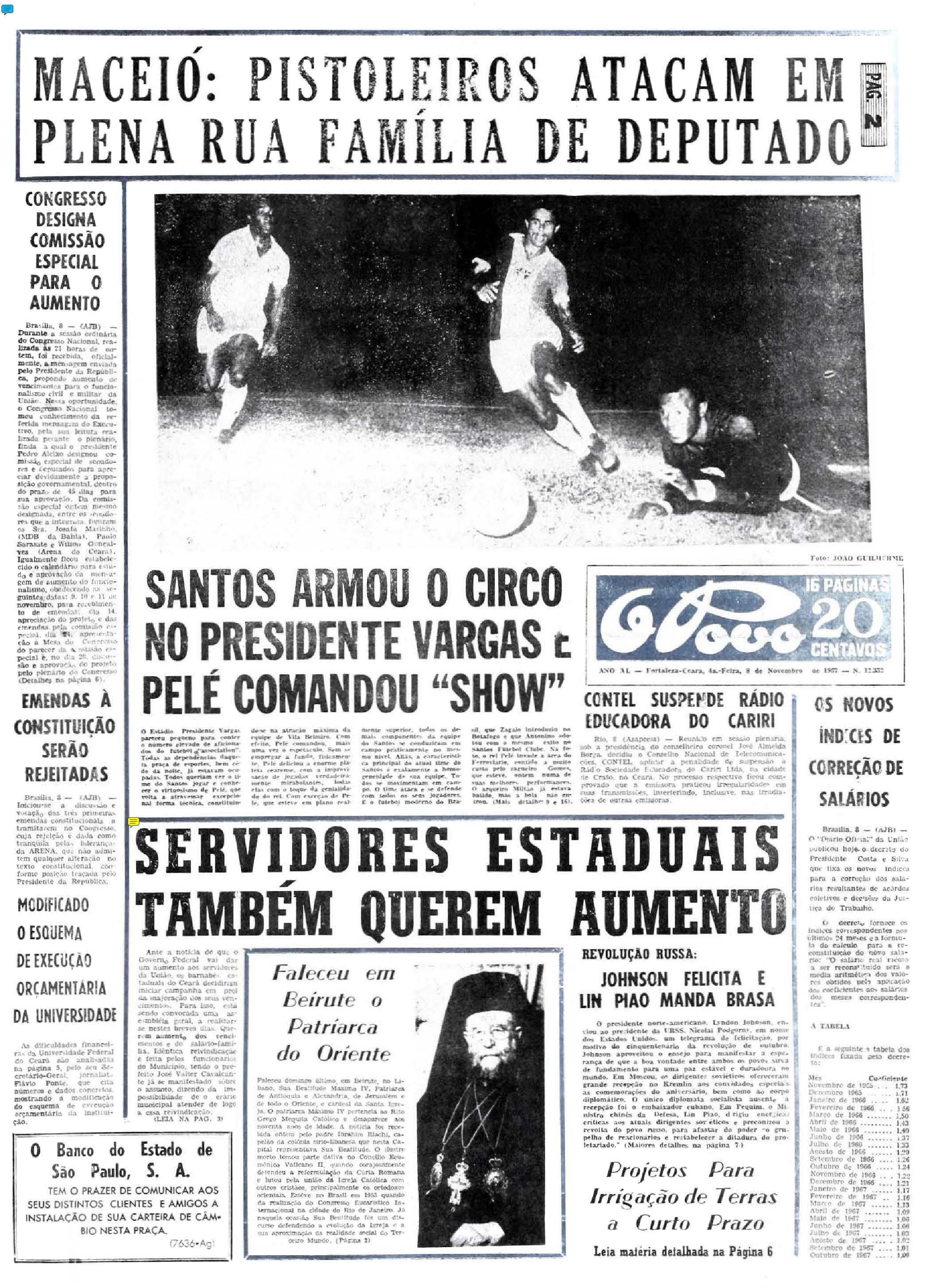 Pelé 80 anos: 8 de novembro de 1967 - Capa do O POVO destaca vitória do Santos sobre o Ferroviário