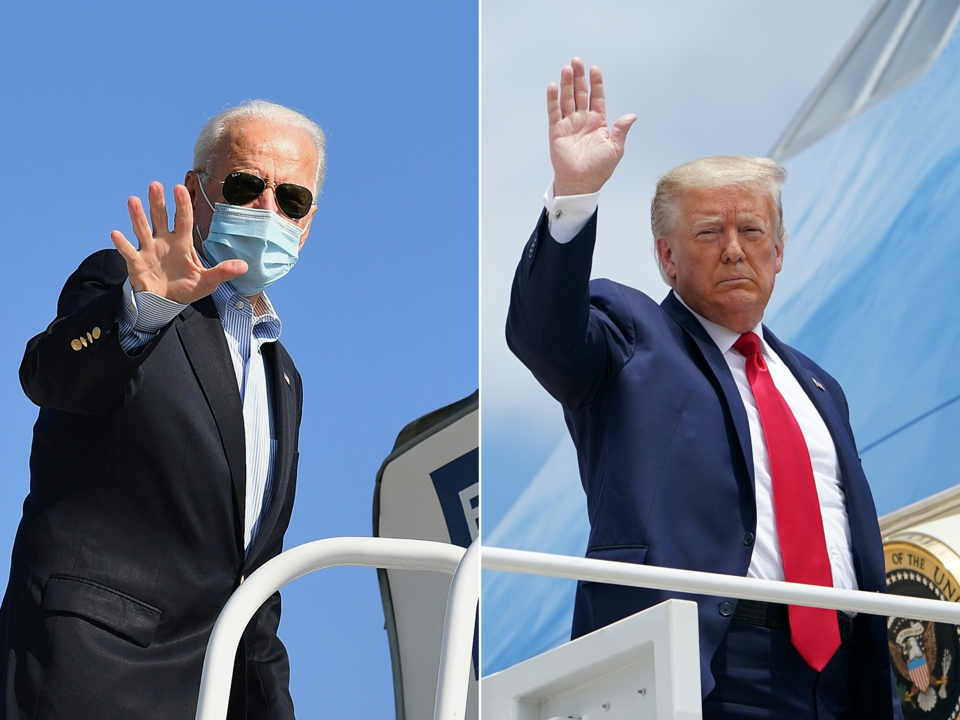 Combinação de imagens criadas em 30 de outubro de 2020 mostra o candidato democrata à presidência Joe Biden acenando enquanto embarca em seu avião em New Castle, Delaware, em 22 de outubro de 2020 e o presidente dos EUA, Donald Trump, embarcando no Força Aérea. (Foto: MANDEL NGAN, Angela Weiss / AFP)