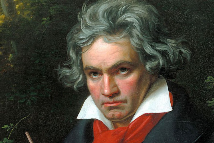 Um retrato de Beethoven com a partitura para a Missa Solemnis de 1820 por Joseph Karl Stieler.