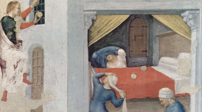 Pintura que mostra São Nicolau dando moedas de ouro para as três filhas do pai viúvo, de modo a pagar o dote de seus casamentos