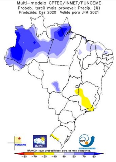 Mapa em nota técnica divulgada pelo Inpe aponta previsão de chuvas acima da média em algumas regiões do Ceará.