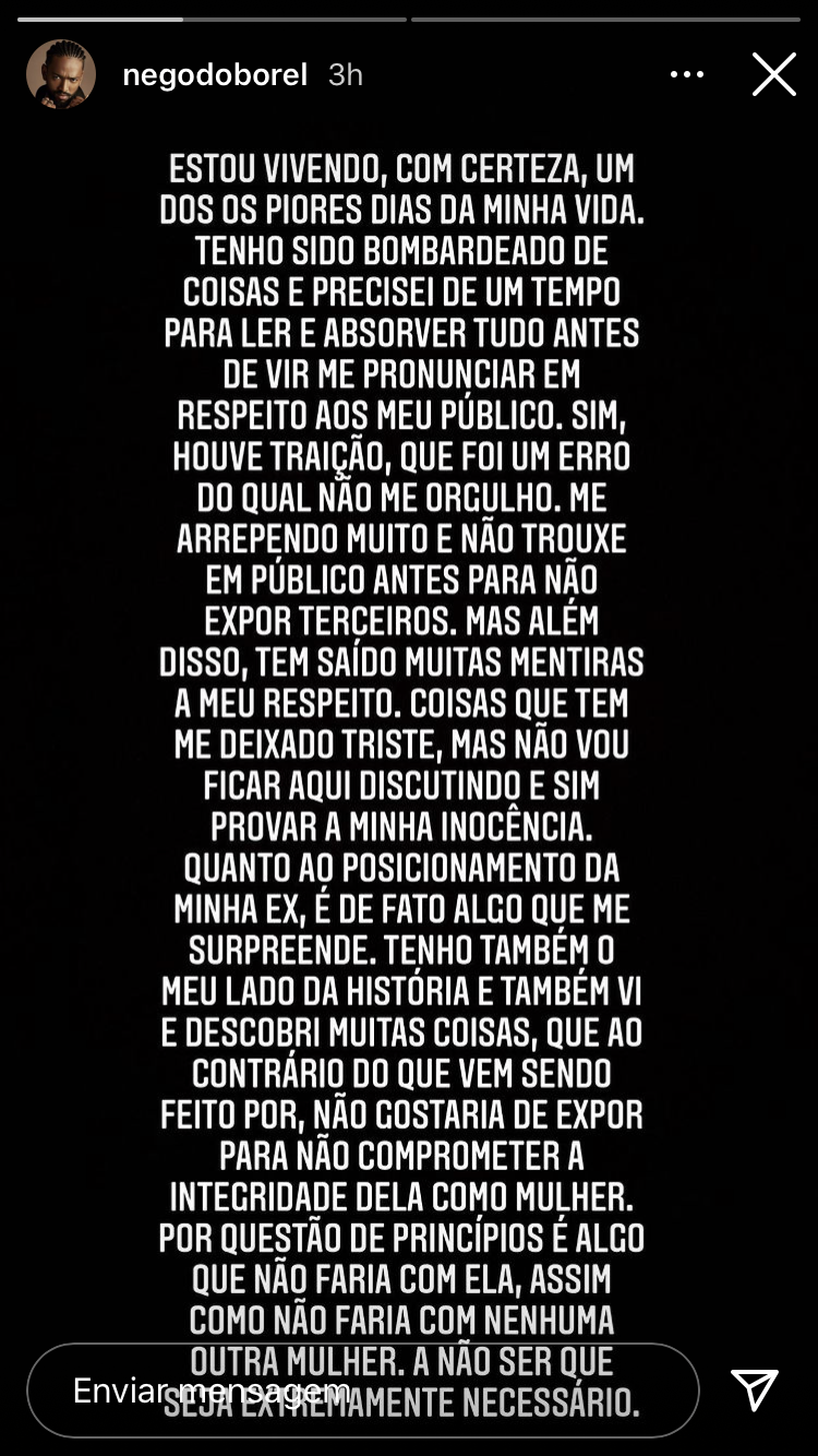 Postagem feito por Nego do Borel, nesta quarta-feira, 13, admitindo a traição em seu relacionamento