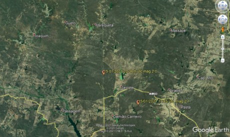 Localização epicentral dos dois tremores que ocorreram em Quixeramobim na última sexta-feira, 15.
 