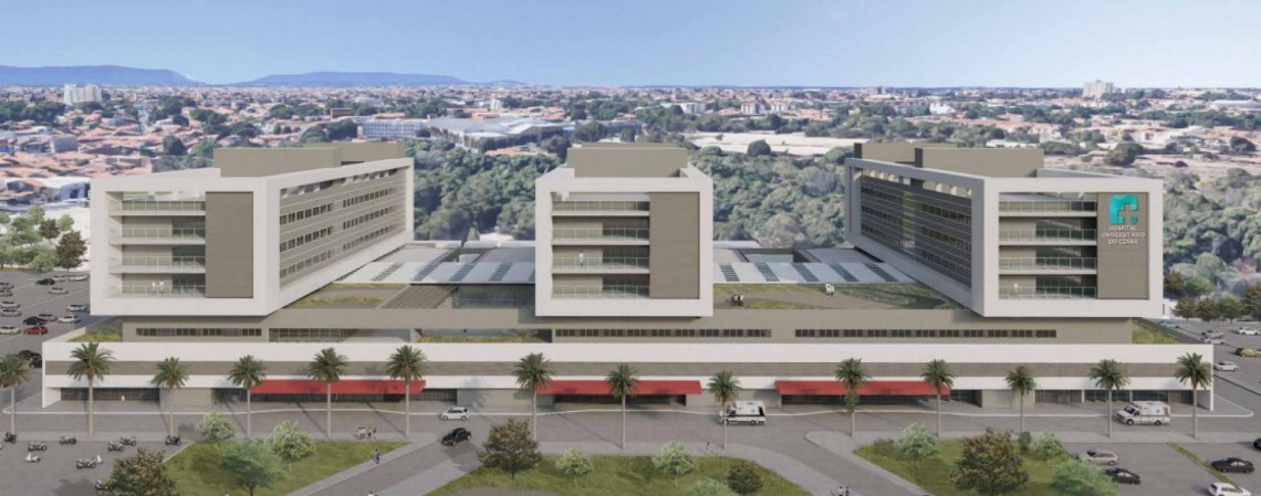 Maquete do Hospital Universitário do Ceará. O terreno é próximo à avenida Benjamin Brasil e será integrado à Universidade Estadual do Ceará (Uece). 