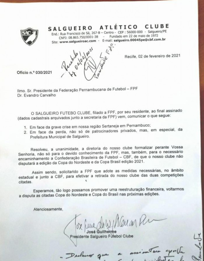 Ofício enviado pelo Salgueiro à Federação Pernambucana 