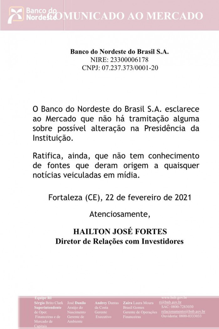 Nota do Banco do Nordeste