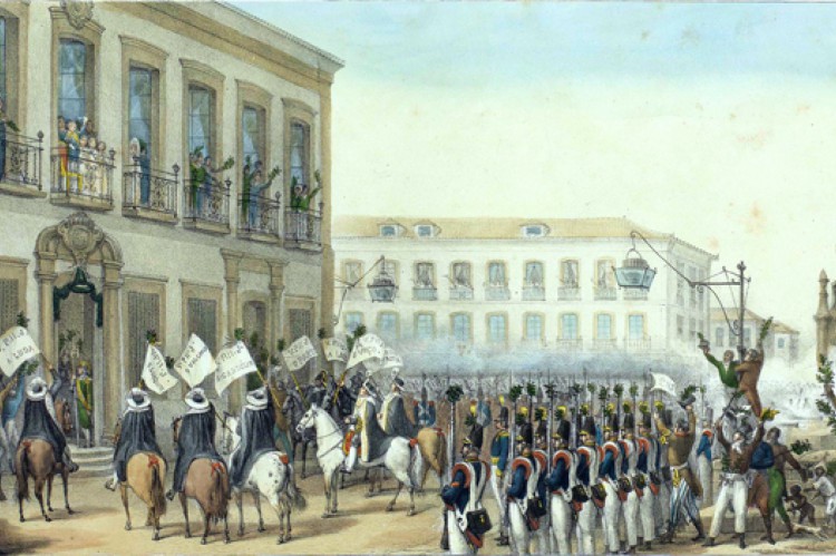 No dia da abdicação de dom Pedro I, o infante Pedro de Alcântara foi saudado pela população como herdeiro do trono, momento registrado na litografia "Aclamação", de Thierry Frères, 1839 