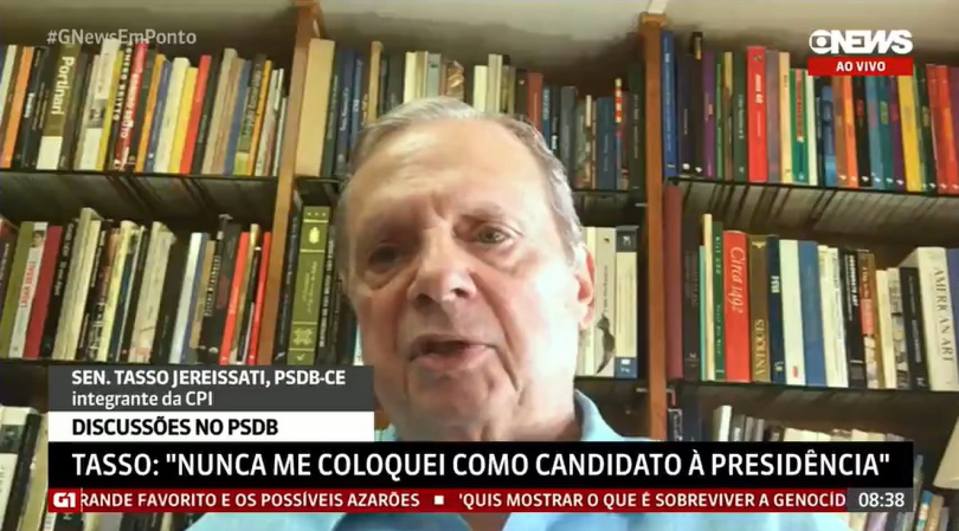 Tasso é entrevistado pela Globonews sobre CPI da Covid (Foto: REPRODUÇÃO)