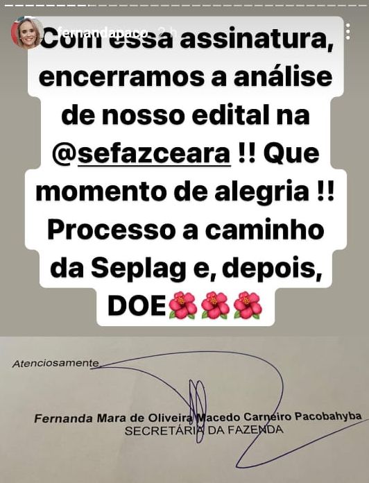 Fernanda Pacobahyba publica assinatura do edital