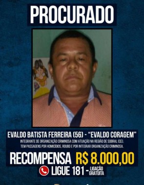 SSPDS chegou a ofertar R$ 8 mil por informações que levassem à captura de Evaldo Coragem
