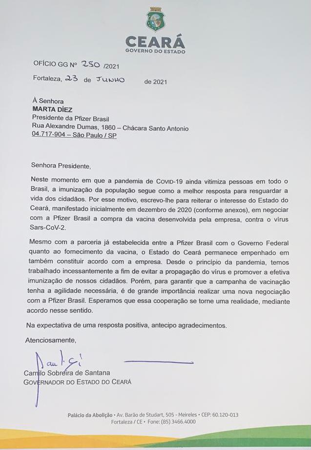 Ofício do Governo do Ceará mostra tentativa de negociar vacinas diretamente com a Pfizer