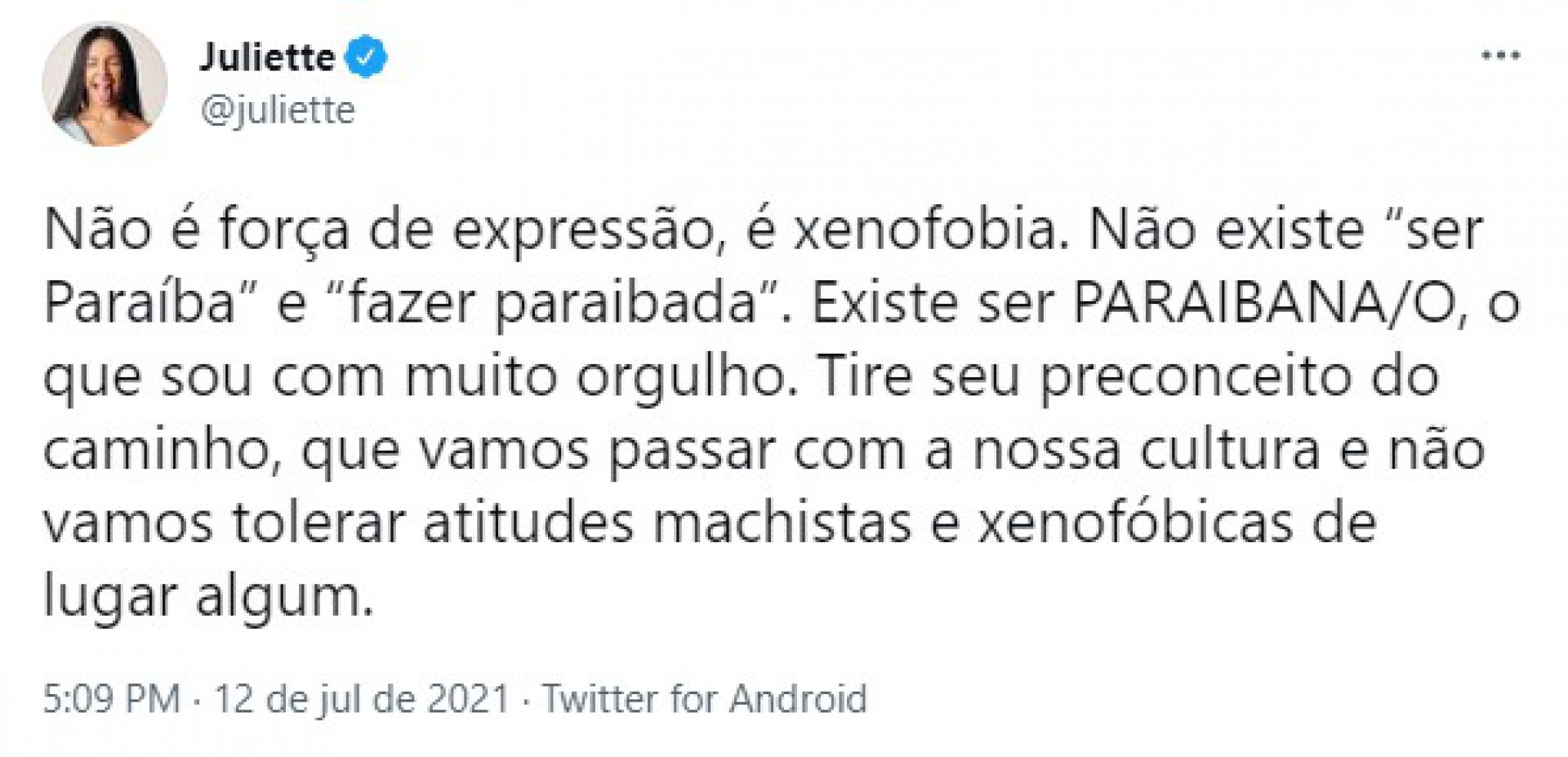 A ex-BBB e paraibana Juliette Freire se manifestou em suas redes sociais sobre o uso do termo (Foto: Reprodução/Twitter)