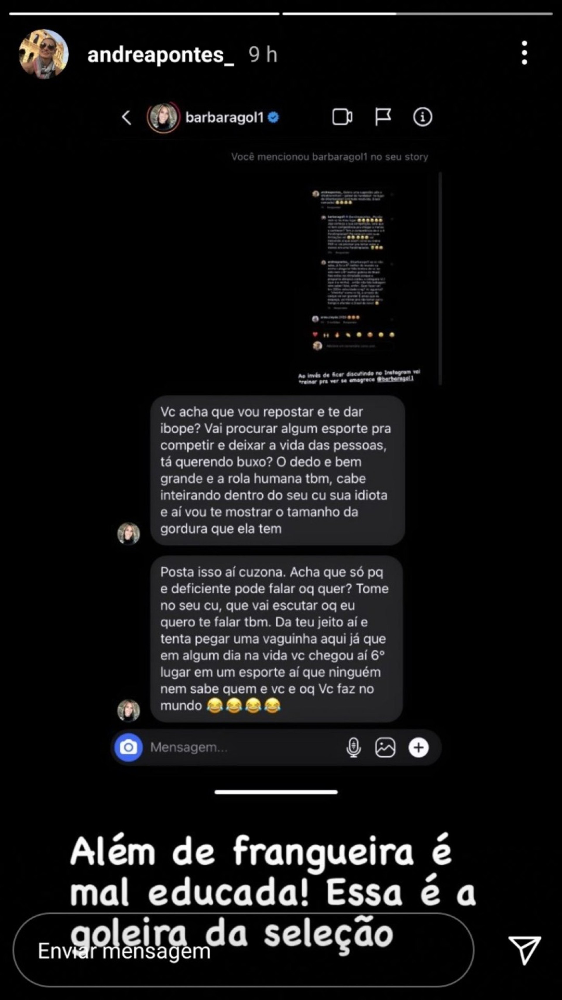 Captura de tela da discuss&atilde;o entre goleira da sele&ccedil;&atilde;o brasileira de futebol feminino B&aacute;rbara e atleta paral&iacute;mpica da canoagem Andrea Pontes 