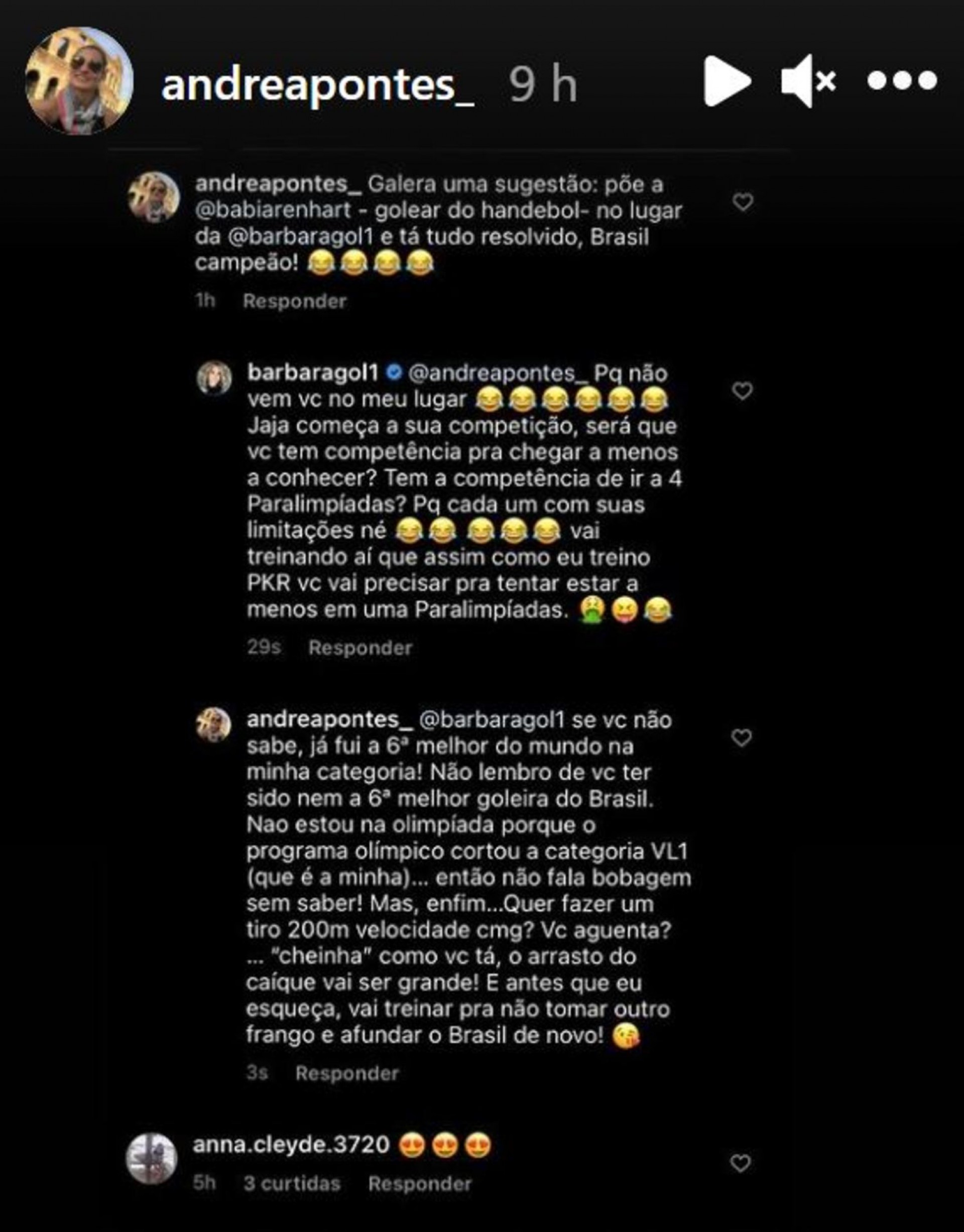 Captura de tela de coment&aacute;rios feitos pela atleta de canoagem paral&iacute;mpica Andrea Pontes sobre B&aacute;rbara