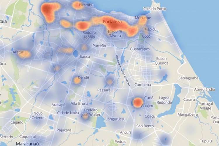 Mapa de calor com dados de 1&ordm; de janeiro at&eacute; 16 de agosto de 2021. Mostra &aacute;reas com mais acionamentos de bot&atilde;o de emerg&ecirc;ncia (SOS). 